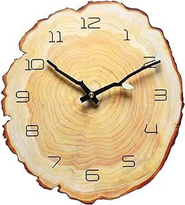 funsec 12 Inch Annual Ring Wall Clock Wood Grain Clock Tree Stump Shape Clock Creative Silent Clock Quartz Clock Battery Powered Arabic Numerals Decorative Home Living Room Office Size:26.8 * 30.2CM