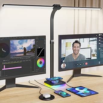 Yeuslor Black Desk Lamp for Office Gaming,Double Head Light for Home&Office,Adjustable Light Mode and Brightness,Adjustable Height&Angle in Metal Polwith Wireless Charger&2 USB and 1 Type-c Ports