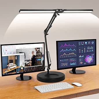 Led Desk Lamp with Clamp and Stand, Double Head LED Desk Lamp, 24W Brightest Led Workbench Office Light Desk Lamps for Home Office, Eye-Caring Architect Desk Light for Monitor Studio Reading