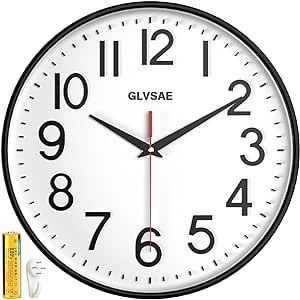 GLVSAE Wall Clock 12 Inches Non-Ticking Wall Clocks Battery Operated Non Ticking Large Easy to Read with Stereoscopic Dial Ultra-Quiet Movement Quartz for Office Classroom School Home Bedroom Kitchen