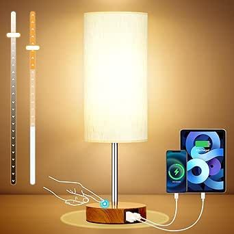 Touch lamp for Bedroom Nightstand:with USB C/A Charging Ports,Dimmable Small Bedside Lamp with Fabric Shade & Wood Grain Base,Touch Table Lamp for Night Stand,Bed Side,Dorm,Nursery,Living Room,Reading