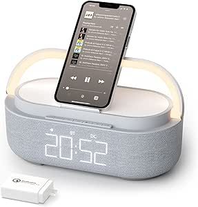COLSUR ?2023 Newest Bluetooth Speaker with Digital Alarm Clock, Wireless Charger, FM Clock Radio, Adjustable LED Night Light, Dual Wireless Speakers,2500mAh Battery for Bedroom,Home, Adaptor