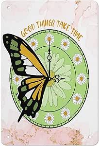 WOLVESBLANKET Butterfly Clock Time Good Things Metal Sign Vintage Wall Art Poster Decor Aluminum Sign For Office Home Bathroom Garden Restroom Bedroom Bar Cafe Gift For Women 12 * 8in