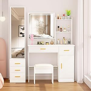 Superday Makeup Vanity Set with Lights and Mirror, White Vanity Desk, Vanity Mirror with Lights and Table Set, Dressing Table with 5 Drawers, Makeup Vanity with Lights for Home, Bedroom