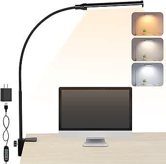 ShineTech LED Desk Lamp for Home Office, Eye-Caring Desk Light with Clamp, 3 Colors Stepless Brightness Adjustable Flexible Gooseneck, USB Adapter Architect Task Lamps for College Dorm Room, Black