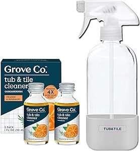 Grove Co. Tub and Tile Cleaner Refill Concentrate (2 x 1 Fl Oz) + 1 x Reusable Glass Spray Bottle (16 Oz) Plant-Based Cleaning Supplies Bundle, No Plastic Waste, 100% Natural Orange & Rosemary Scent