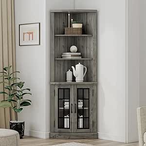 AMERLIFE Curved Corner Storage Cabinet, 65'' Tall Freestanding Bookcase with Glass Doors & Adjustable Shelves, 5-Tier Corner Display Cabinet for Living Room, Washed Grey (CSC129B)