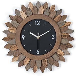 Honiway Wall Clock Battery Operated 12 in Silent Non Ticking Boho Sunburst Decorative Clock Farmhouse Wood Wall Clocks for Living Room Kithen Bathroom House Warming Gift for New Home Trilcolor