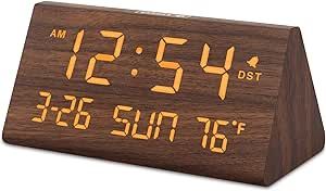 DreamSky Digital Alarm Clocks for Bedrooms - Wooden Electric Clock with USB Ports, Date, Weekday, Temperature, 0-100% Brightness Dimmer, Adjustable Alarm Volume, Snooze, Auto DST