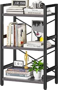 Homeiju Bookshelf, 3 Tier Industrial Bookcase, Metal Small Bookcase, Rustic Etagere Book Shelf Storage Organizer for Living Room, Bedroom, and Home Office(Grey) Patent Pending D29873033