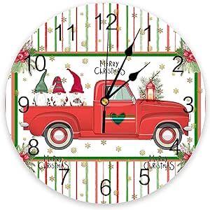 Wall Clock 12 Inch Silent Non-Ticking Red Truck Gnomes Gold Snowflake Red Berries Striped Christmas Wall Clocks Battery Operated-Elegant Clock for Office,Home,Bathroom,Kitchen,Bedroom,Living Room