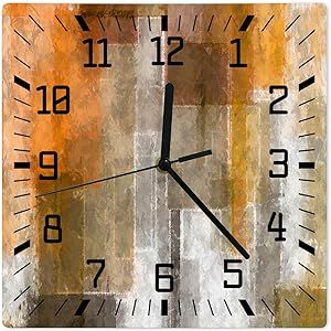 Lartdumur Wall Clock Orange Abstract Art Wooden Square Clock White Brown Modern Silent Round Clock Non Ticking Battery Operated Decorative Clock for Wall Decoration 10 Inch