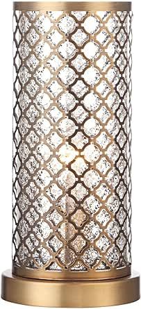 KEMTAT Modern Luxury Accent Table Lamp 12" High Brass Gold Metal Lattice Outer Glass Inner Cylinder Shade Decor for Bedroom House Bedside Nightstand Home Office