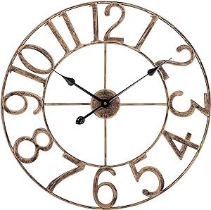 14 Inch Kitchen Wall Clock, Silent Analog Non-Ticking Battery Operated Wall Clock, Bronze Rustic Farmhouse Metal Decorative Wall Clock for Living Room, Office, Bedroom