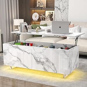 St.Mandyu High Gloss Lift Top Table with Led Lights, Led Coffee Table with Storage Shelf and Hidden Compartment for Home Living Room Reception Room Office, White Marble