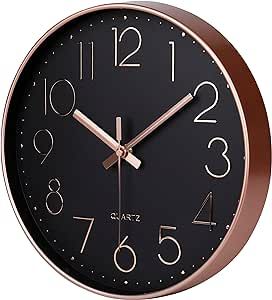 jomparis Rose Gold Black Wall Clock Silent Non-Ticking Quartz Sweep Decorative Battery Operated Wall Clocks