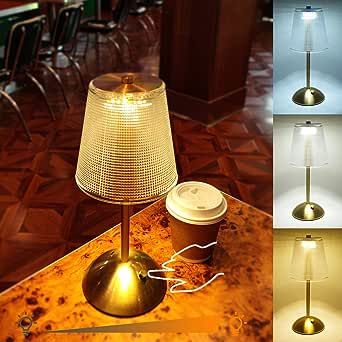 Amingulry Cordless Table Lamp, Rechargeable Battery Operated Lamp, 3 Color Modes & Stepless Dimmable LED Touch Lamp, Portable Retro Gold Metal Beside Lamps for Home Desk Bedroom Restaurant Outdoor