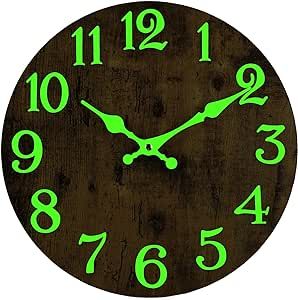 DIYZON Luminous Wall Clock, Silent Non-Ticking 12'' Night Light Wall Clocks Battery Operated, Country Style Wooden Illuminated Wall Clock Decorative for Kitchen, Home, Bedrooms, Office (Brown)