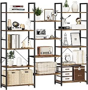 NUMENN Triple Wide 5 Tier Bookshelf, Rustic Industrial Style Bookcases and Bookshelves with 14 Open Display Shelves, Modern Tall Bookcase Furniture for Bedroom, Living Room and Home Office, Vintage