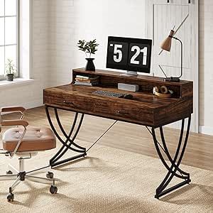 Tribesigns Computer Desk with Drawers Storage: Home Office Desk with 2 Drawers Monitor Stand, Industrial Study Writing Table, 47 Inches Workstation for Small Spaces, Rustic Brown