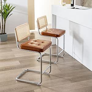 ONEVOG Kitchen Island Rattan Stool, Rattan Counter Stools Set of 2, Kitchen Counter Height Chair 24 inch Stools Kitchen Island Seating, Cane Chairs with Wood Back for Home, Apartment, Chrome Legs