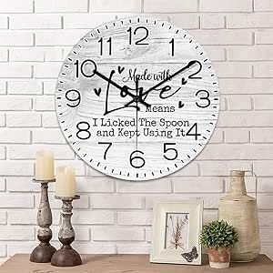 Mighun PVC Wall Clock Made with Love Means I Licked The Spoon And Kept Using It Kitchen Hanging Clocks Quotes Round Clock 10in Battery Operated Country Frameless Clocks for Living Room Bedroom Nursery
