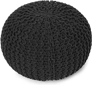 REDEARTH Round Pouf Foot Stool Ottoman - Hand Knitted Bean Bag - Cord Boho Pouffe - Cable Poof Footrest for Living Room - Nursery - Bedroom - Patio - 100% Cotton - Home Decor (19" x 19" x 14") - Black