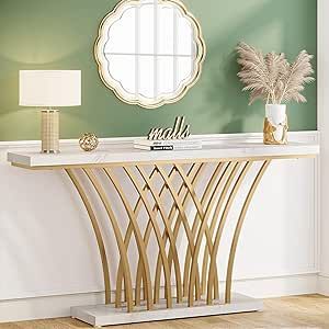 Tribesigns 59 inch Gold Console Table, Modern Entryway Table with Grid-Shaped Metal Base for Entrance, Hallway, Entryway, Living Room(White Faux Marble & Gold)