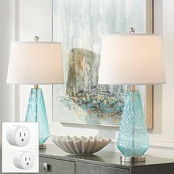 360 Lighting Dylan 27 1/2" Tall Modern Coastal Table Lamps Set of 2 WiFi Smart Socket Blue Glass Living Room Bedroom Bedside Nightstand House Office Home Reading Kitchen Entryway White Shade