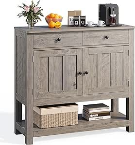 Gizoon Sofa Table with Open Storage Shelf, 33.5''H Farmhouse Console Table with 2 Cabinets and 2 Drawers, Kitchen Buffet Sideboard, Narrow Coffee Bar for Living Room, Entryway, Foyer, Hallway, Gray