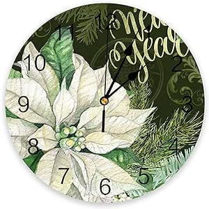 Silent Non-Ticking Wall Clock Decorative for Kitchen, Bedroom, Bathroom, Office, Living Room, Laundry Room, Home Battery Operated - 10 Inch White Poinsettia Berries Green Christmas Vintage Wall Clock