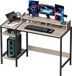 MINOSYS Computer Desk - 47” Gaming Desk, Home Office Desk with Storage, Small Desk with Monitor Stand, Writing Desk for 2 Monitors, Adjustable Storage Space, Modern Design Corner Table, Gray.