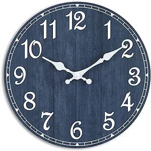 HYLANDA Wall Clock, 10 Inch Wall Clocks Battery Operated Silent Non Ticking, Round Wooden Rustic Clocks Decor for Kitchen, Bathroom, Living Room, Home, Bedrooms, Office (Navy Blue)
