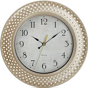 Coloch 12 Inch Round Classic Golden Wall Clock, Retro Silent Non-Ticking Quartz Clock Decorative Battery Operated Wall Clock for Home, Living Room, Bedroom, Classroom, Office, Easy to Read