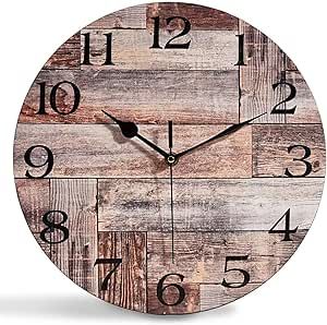 ACOZUHSE Silent Non-Ticking Wall Clocks, Brown Wood Barn Board Pine Plank Rustic Wall Clocks, Battery Operated 12 Inch Round Wall Clock for Home Decor Living Room Kitchen Office