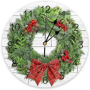 Wall Clock 12 Inch Silent Non-Ticking Christmas Red Berries Pine Wreath White Wooden Wall Clocks Battery Operated-Elegant Clock for Office,Home,Bathroom,Kitchen,Bedroom,School,Living Room