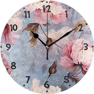 Bulletgxll Pink and White Flowers Wall Clock 10 Inch Silent Non-Ticking Battery Operated Round Wall Clock for Living Room, Home, Bathroom, Office Decor
