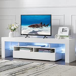Bonzy Home LED TV Stand for 65 Inch TV Entertainment Center White TV Stand with 16 Colors RGB Light and RF Remote Control Modern TV Media Console for Living Room Bedroom