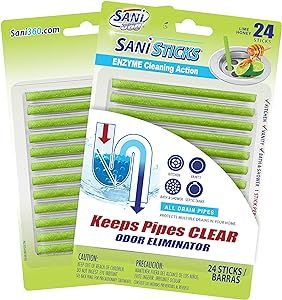 SANI 360° Sani Sticks Drain Cleaner and Deodorizer, Enzyme Pipe Cleaners, Eliminate Odors, Prevent Clogged Drains, Safe for Sinks, Bathtub Drains, Septic Tanks, 24 Count, Lime Honey
