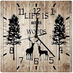 Square Wall Clock,Christmas Life is Better in The Woods Elk Deer Trees Silhouettes Rustic Old Wooden Wooden Silent Non Ticking Clock Home Decor for Living Room,Bathroom,Bedroom,Kitchen,10 X 10 Inch