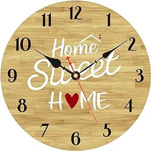 WONZOM Rustic Sweet Home Wall Clock, Wooden Family Love Decor Clocks, Decorative Vintage Battery Operated Wall Clocks for Living Room Kitchen Bedroom Office, 14 Inch (Brown)