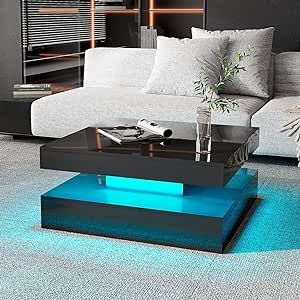 Black LED Coffee Table for Living Room, Wood Square 2-Tier Storage Modern Center Table, Glossy Contemporary Coffee Table with 16-Color LED Light, Cocktail Tea Table for Home Office Reception (Black)