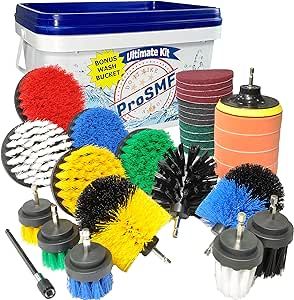 ProSMF Drill Brush Attachment Set - The Ultimate All-Purpose Cleaning Kit - Perfect for Car Detailing, Bathrooms, Kitchens, Rims, Grills, & More - Storage/Wash Bucket, Scrub Pads & Sponges Included